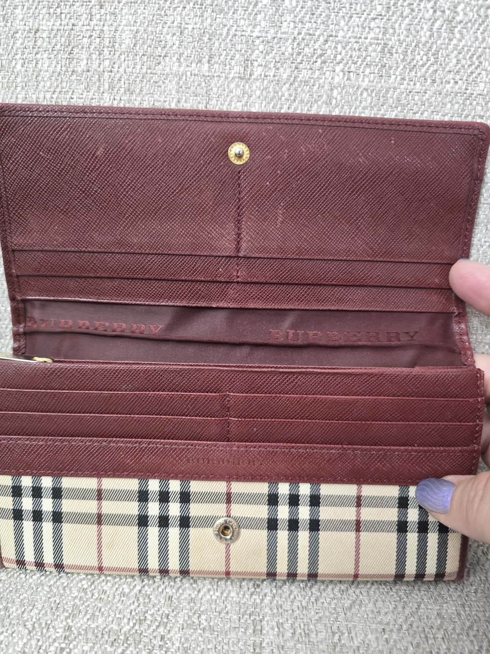 EUC Burberry Vintage Nova Check Continental Long Wallet Burgundy Leather - Picture 4 of 12